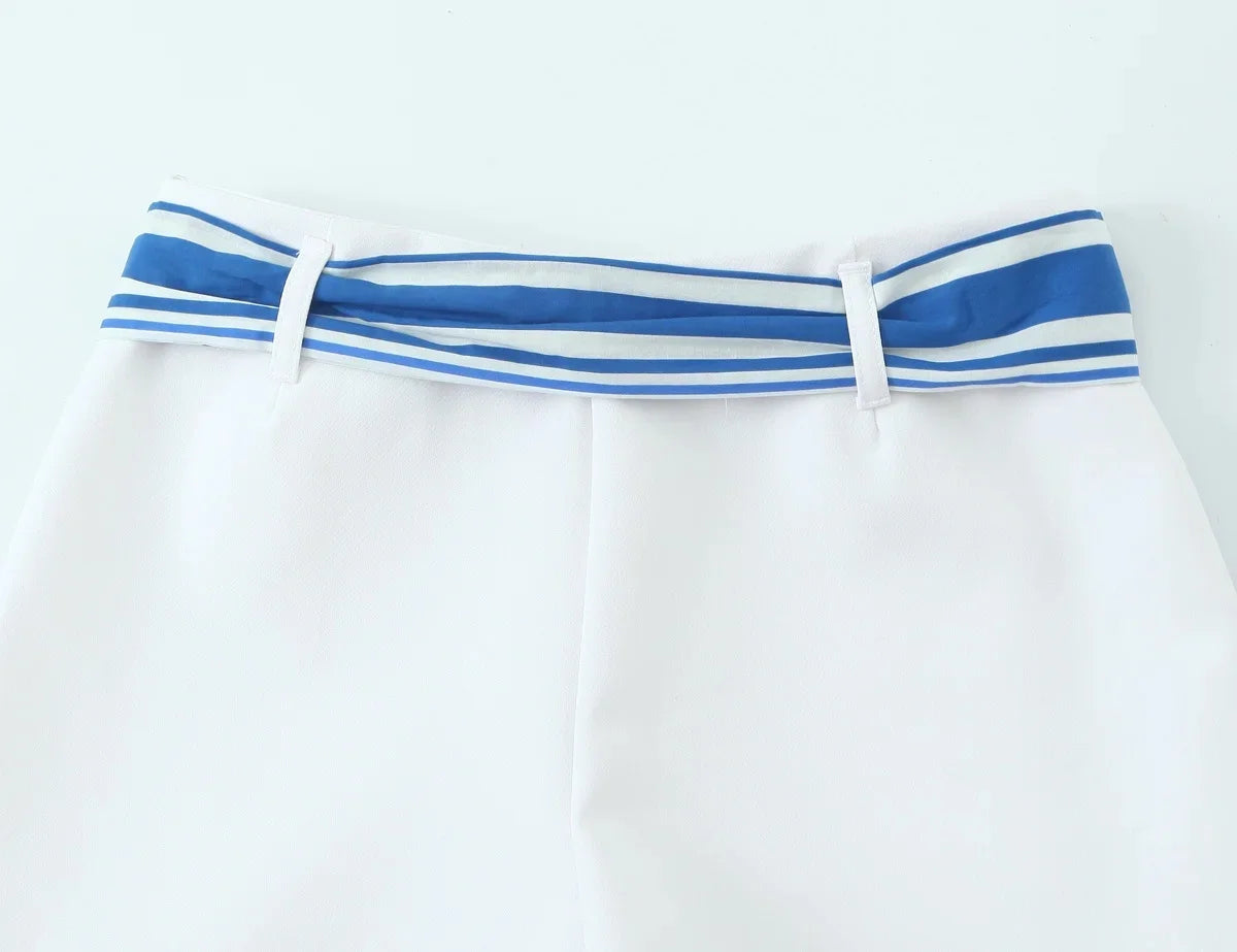 TRAFZA Sweet High Street Slim Lady Set Contrasting Colors Tops Or Belt Shorts 2025 Summer Fall Fashion Holiday Cute Shorts Set Badiee Stylez