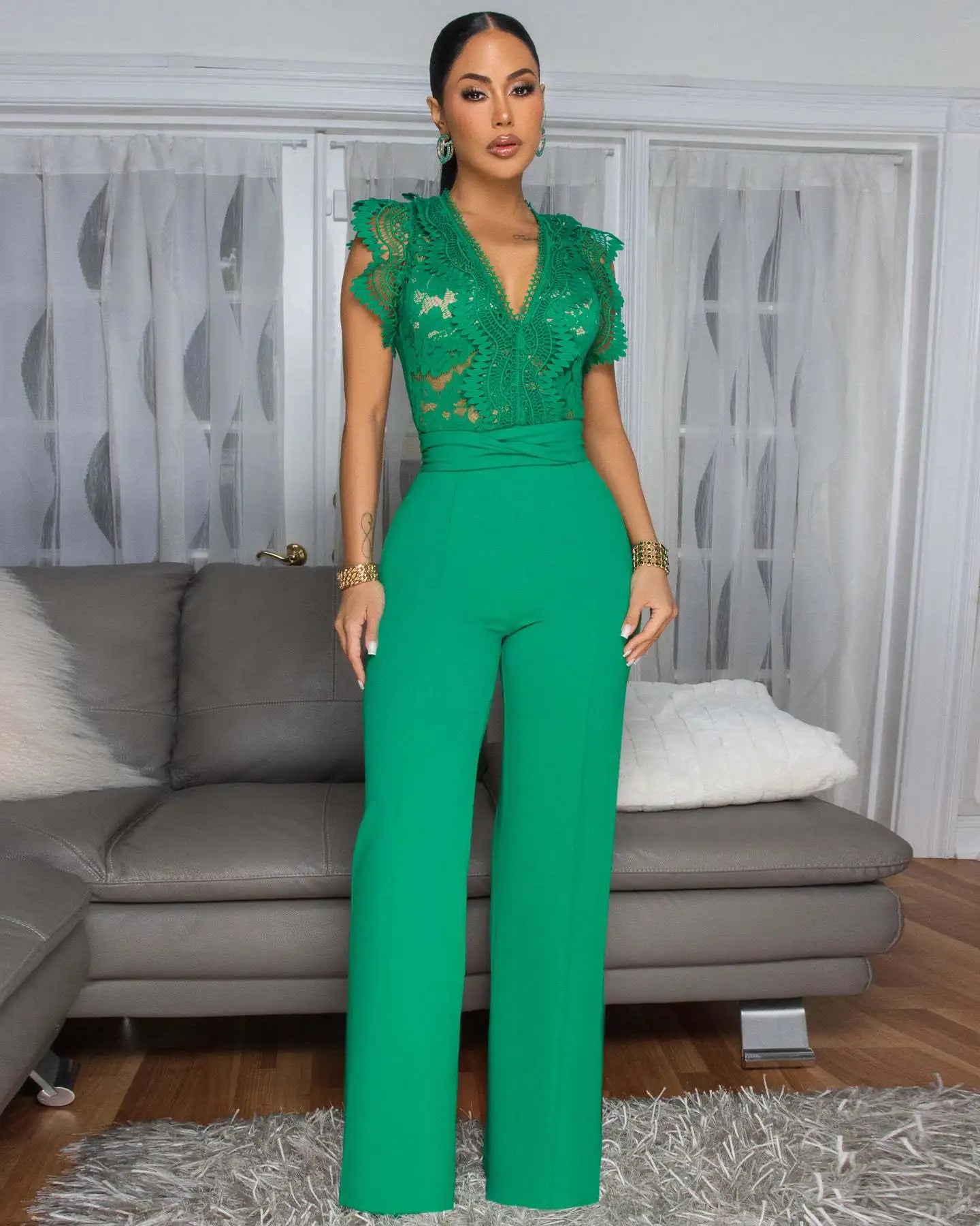 Women Lace See Though Patchwork Short Sleeve V-neck Jumpsuits Summer Vacation One Piece Set Streetwear Fitness Jumpsuit Badiee Stylez