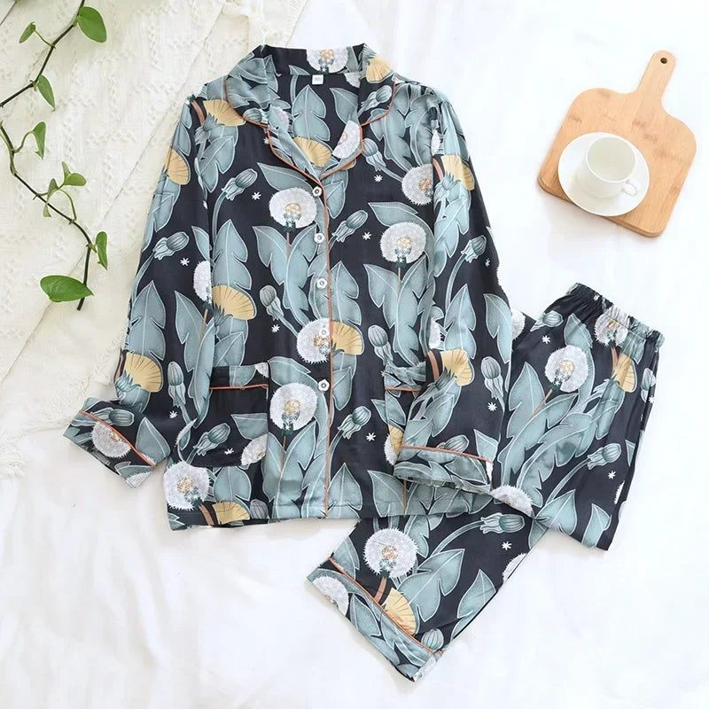 Spring and autumn ladies cute cartoon floral viscose fiber pajamas two-piece long-sleeved home service cotton summer thin shorts 008