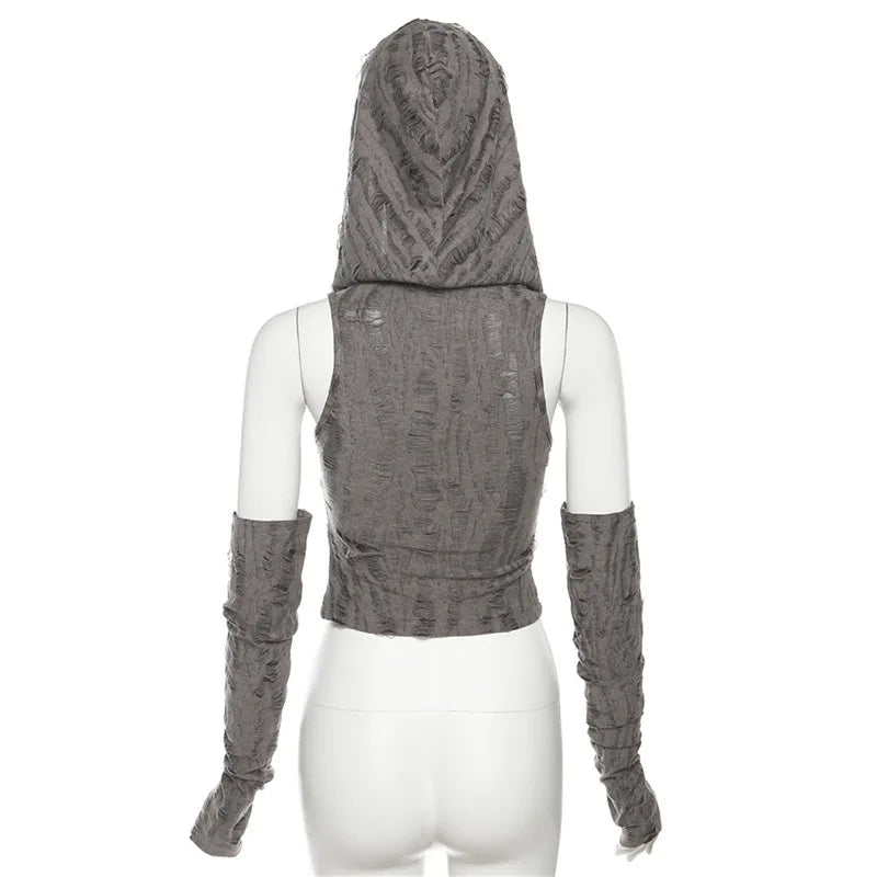 Sexy gothic teachwear Crop Top hooded Women Aesthetic T-shirts Y2K Retro Hooded Tops Streetwear Punk Tee Shirt Hottie clothes