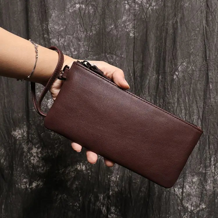 SIMLINE Genuine Leather Wallet For Men Male Real Cowhide Men's Long Zipper Slim Clutch Wallets Purse With Card Holder Phone Bag