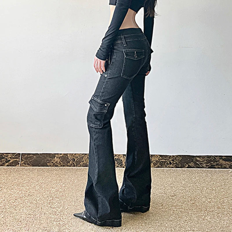 Weekeep Punk Style Star-shaped Rivet Jeans Low Rise Multi-pockets Patchwork Denim Cargo Pants Korean Fashion Hippie Flared Jeans