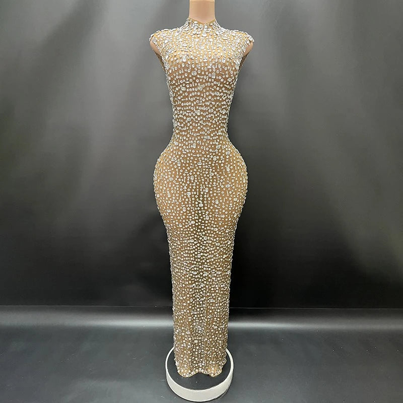 Sexy Full Drill Elastic Slim Fit Sleeveless Long Dress - Hip Wrap, For Host Stage Catwalk & Engagement Evening High-Slit Dresses Badiee Stylez