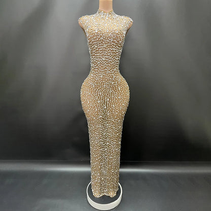 Sexy Full Drill Elastic Slim Fit Sleeveless Long Dress - Hip Wrap, For Host Stage Catwalk & Engagement Evening High-Slit Dresses Badiee Stylez