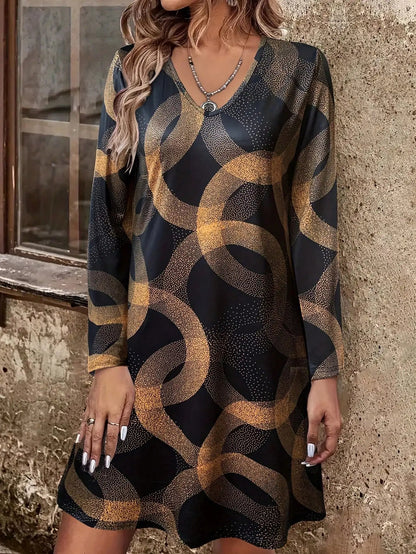 Women's Early Autumn Long - Sleeve V - Neck Dress, Geometric Gold - Print, Ideal for Casual & Evening Badiee Stylez