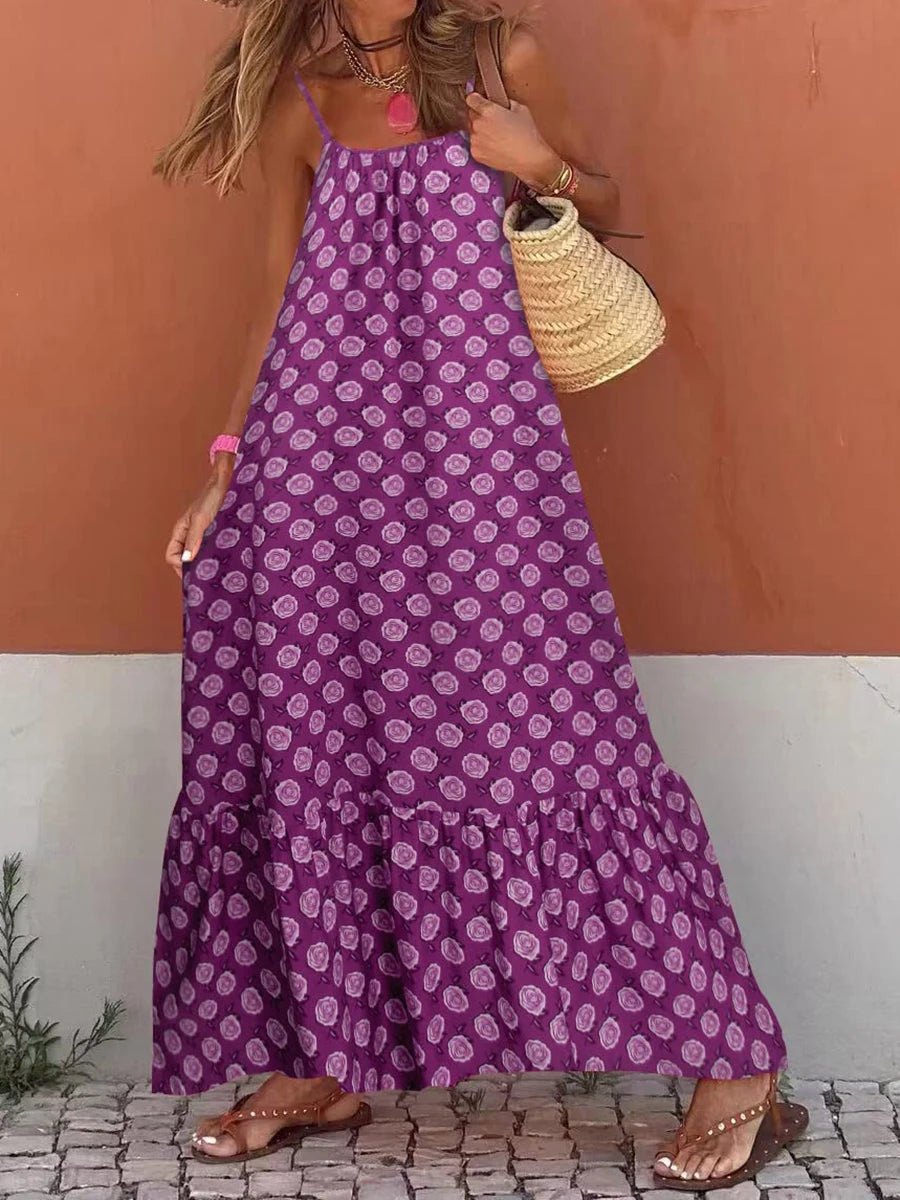 Women's Sleeveless Long Boho Dress Summer Loose Print Spaghetti Strap Flowy Dresses Bohemian Sundress Beachwear Party Coctail
