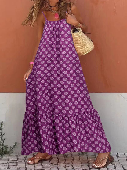 Women's Sleeveless Long Boho Dress Summer Loose Print Spaghetti Strap Flowy Dresses Bohemian Sundress Beachwear Party Coctail