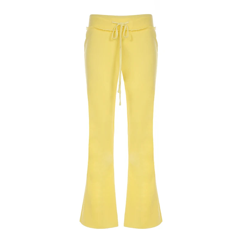 BIIKPIIK Drawstring Hooded Hoodie Suits Autumn Winter Solid Zipper Women Casual Pants Set Street Sporty Sweatshirt Two Piece Set Yellow Pants ONLY