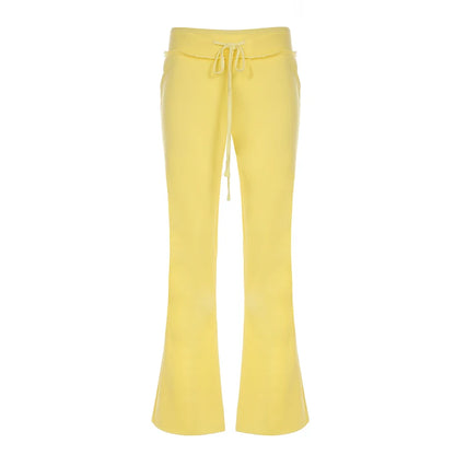 BIIKPIIK Drawstring Hooded Hoodie Suits Autumn Winter Solid Zipper Women Casual Pants Set Street Sporty Sweatshirt Two Piece Set Yellow Pants ONLY