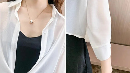Xpqbb Summer Sun Protection Shirts Ladies Solid Color Tied Waist Half Sleeve Button Blouse Women Casual Loose Chiffon Shirt