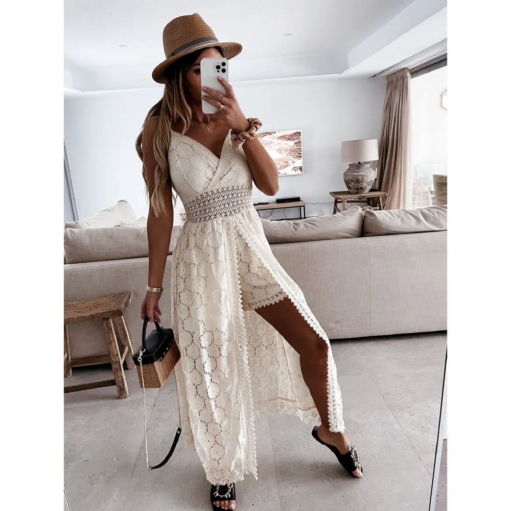 Summer V Neck Solid Color Lace Hollow-Out Sleeveless Sling Party Wear High Waist Rompers Holiday Casual White Women's Jumpsuit white