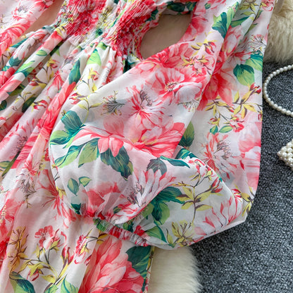 Chic vintage long sleeve lantern sleeve V-neck print pleated Elegant Fairy korean dress women clothing Long dress