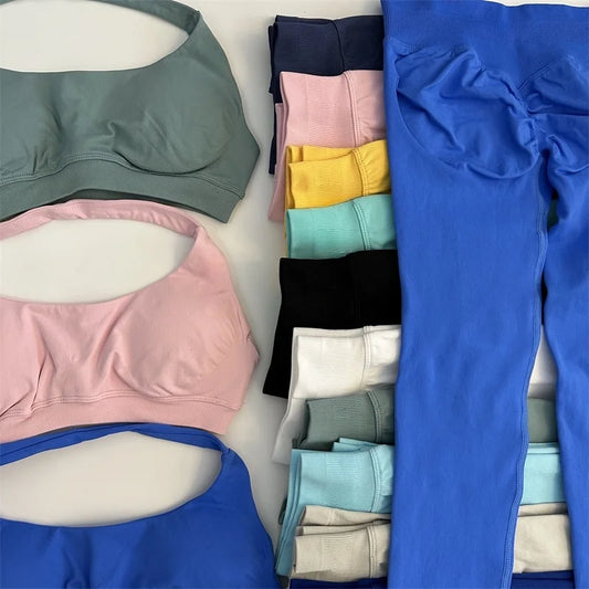 No Logo Yoga Legging Sets for Women Seamless Yoga Set Scrunch Butt Legging Set Workout Gym Suit with Halter Crop Top Badiee Stylez