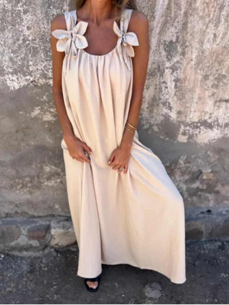 V-neck Solid Color Short Sleeved Lace Up Women's Dress High Street Fashion Elegant Commuting Style Summer Dresses Khaki