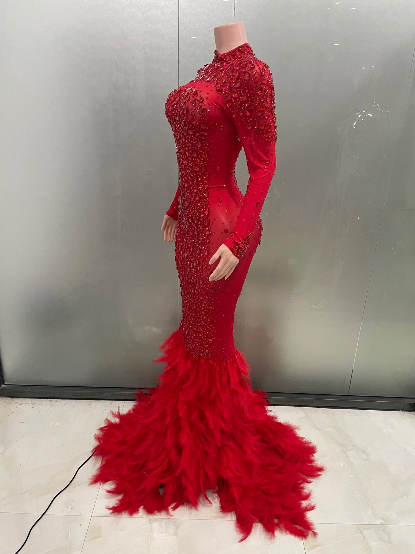 Luxury Sparkling Red Crystals Feathers Mermaid Long Sleeve Maxi Dress Women Formal Occasions Wedding Celebrate Party Prom Gown Badiee Stylez