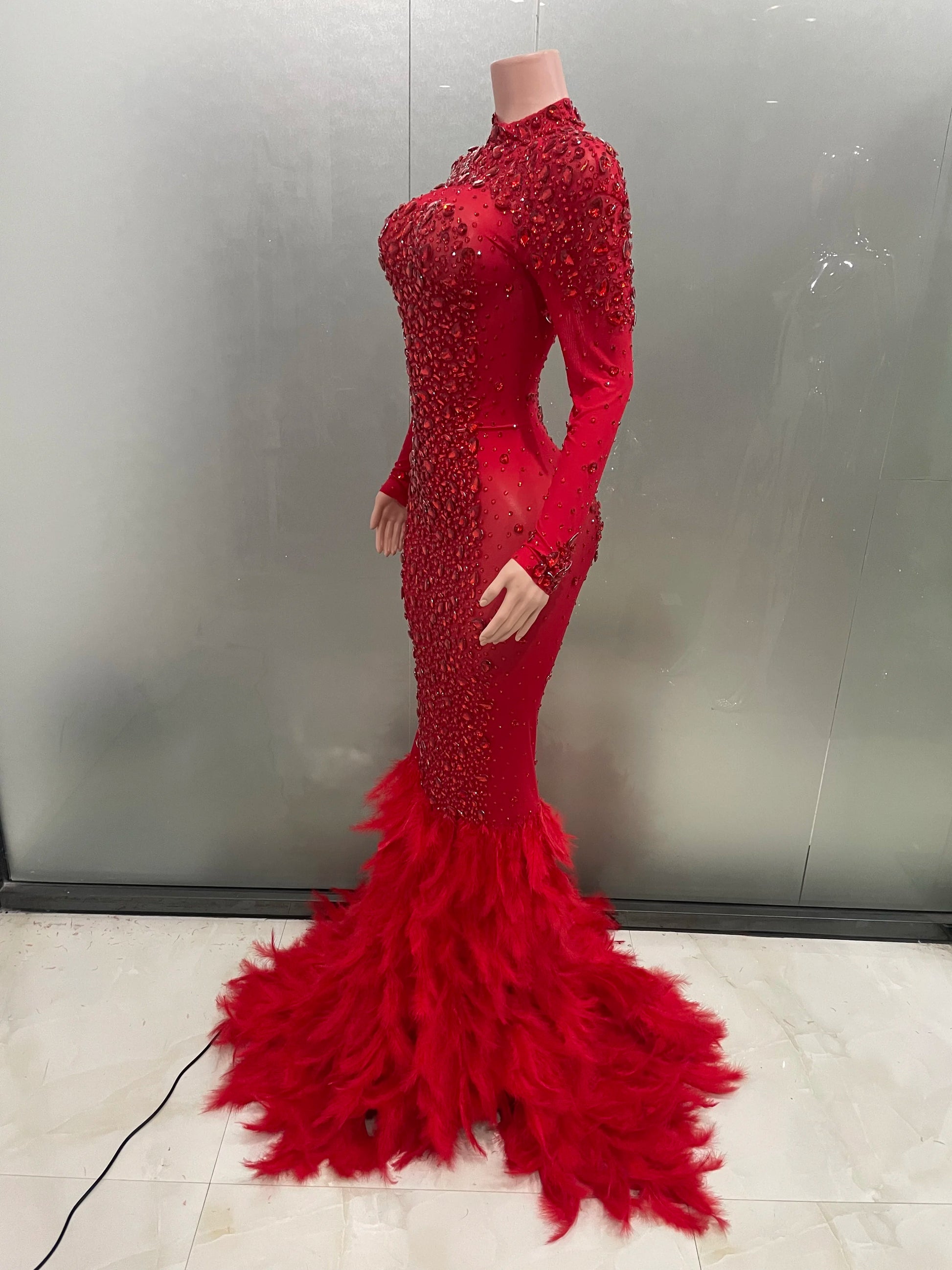 Luxury Sparkling Red Crystals Feathers Mermaid Long Sleeve Maxi Dress Women Formal Occasions Wedding Celebrate Party Prom Gown Badiee Stylez