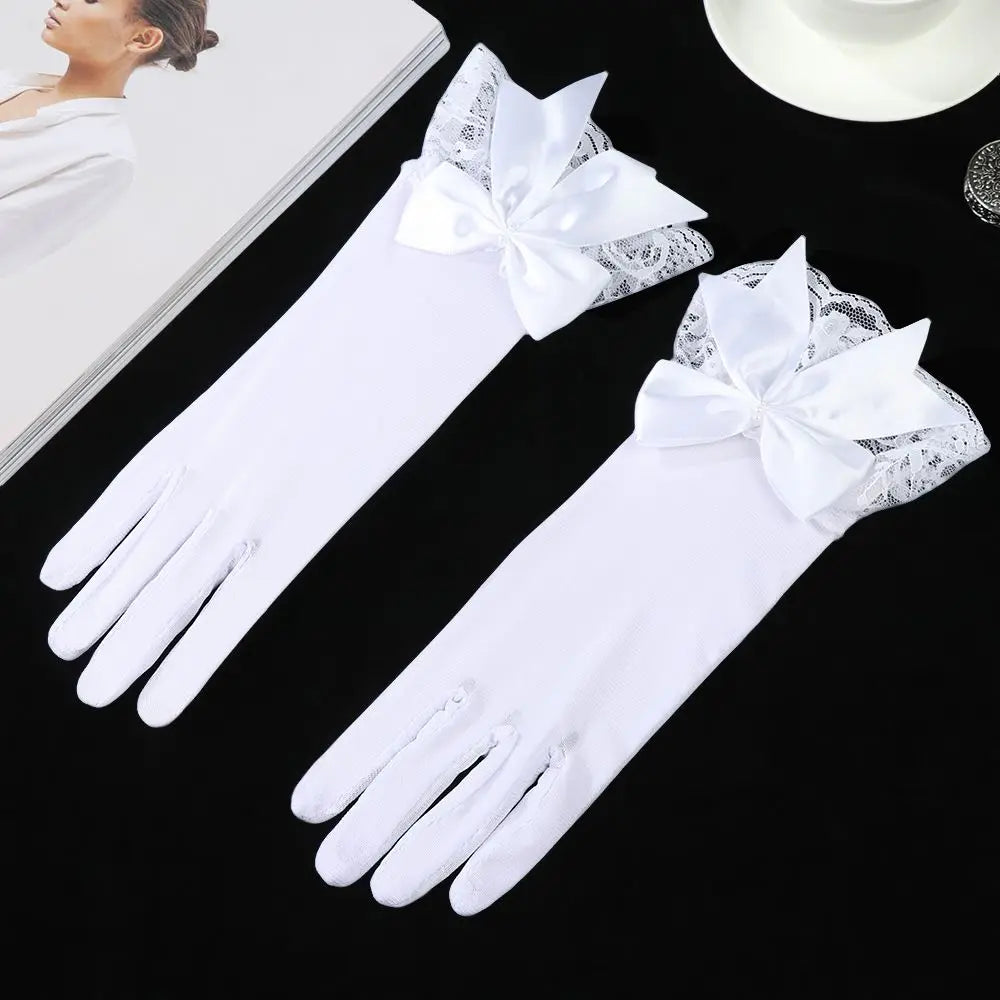 Fashion Bride Bow Lace Chiffon Gloves Women White Gloves Sunscreen Driving Gloves Marriage Party Accessories
