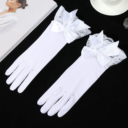 Fashion Bride Bow Lace Chiffon Gloves Women White Gloves Sunscreen Driving Gloves Marriage Party Accessories