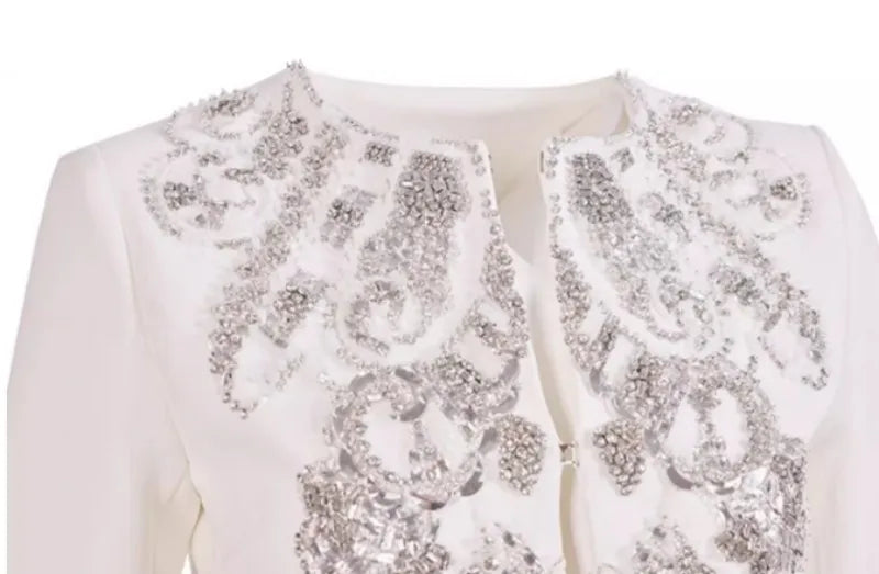 Elegant Office Ladies Designer Handmade Diamonds Slim Fit Short Jacket Hgih Waist Wide Leg Pants Women Two Piece Set Size S-5XL Badiee Stylez