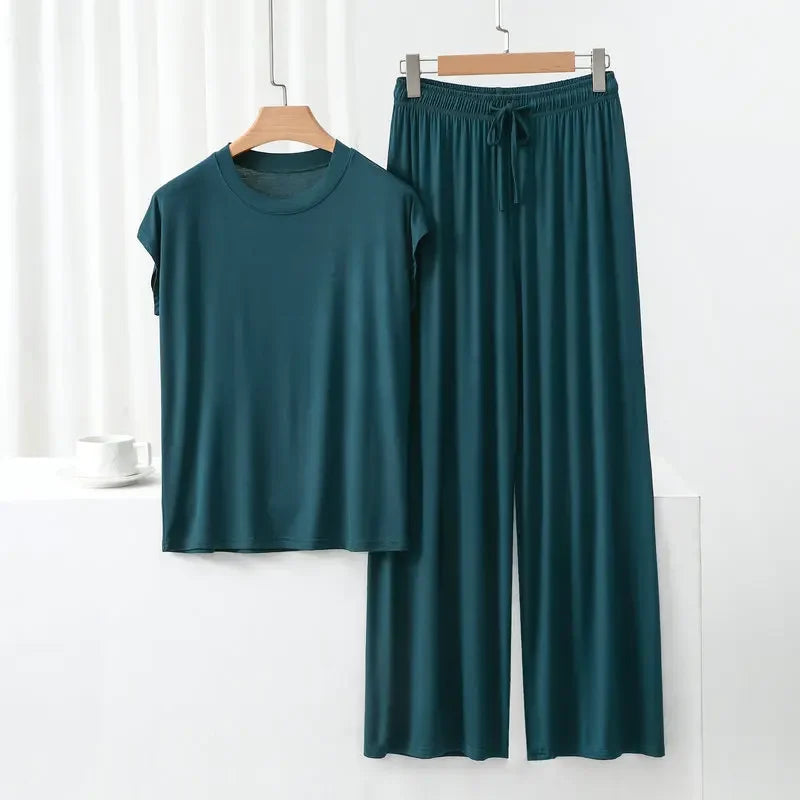 Modal Homewear set O-neck Tshirts short sleeves and Wide leg pants Loose sleepwear Casual streetwear suit all match dark green