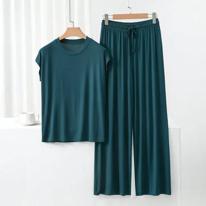 Modal Homewear set O-neck Tshirts short sleeves and Wide leg pants Loose sleepwear Casual streetwear suit all match dark green