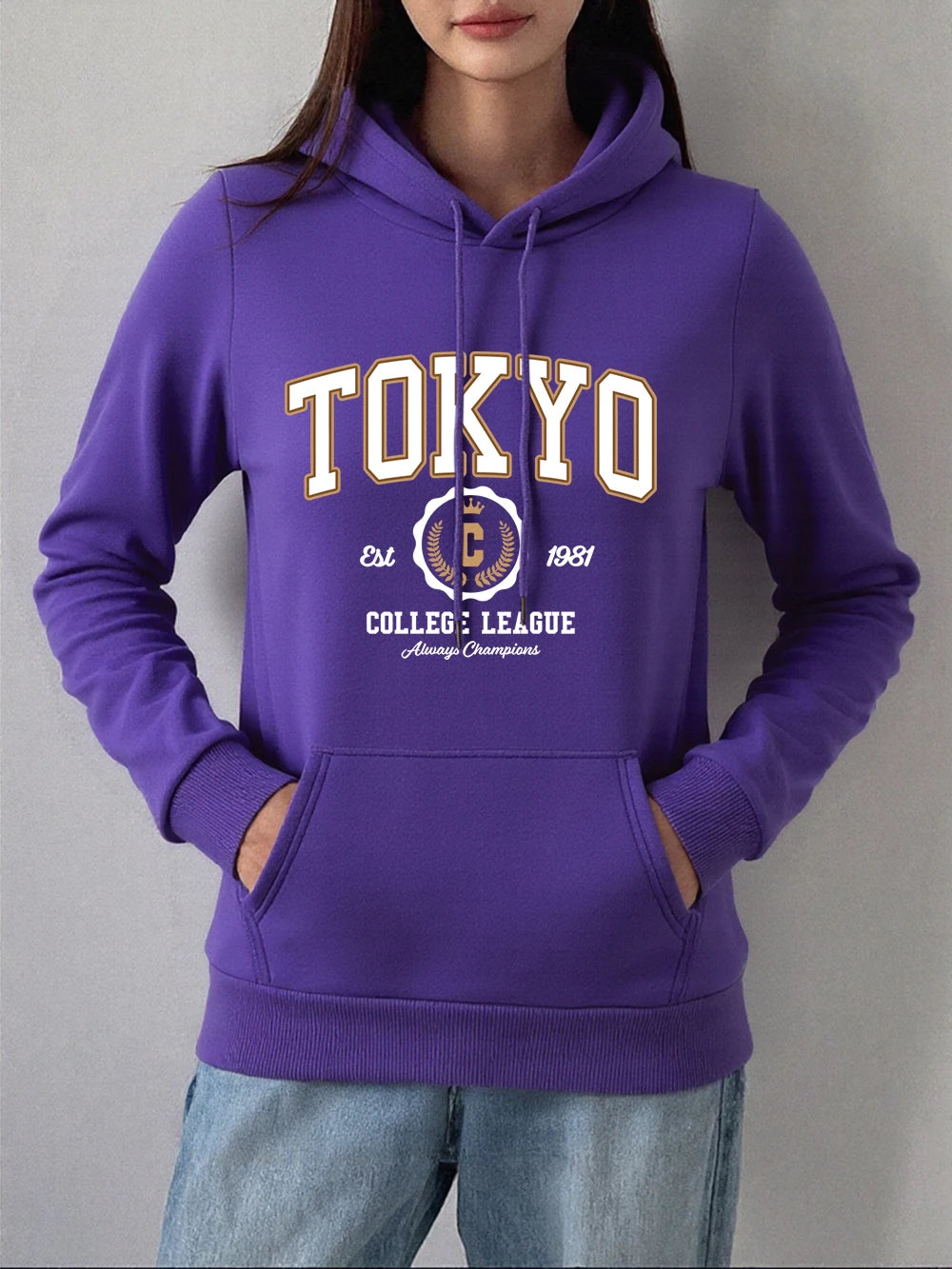 Tokyo College League Prints Hoodie Women Winter Fleece Warm Pullover Basics Pocket Sweatshirt Casual Comfortable Womans Clothes