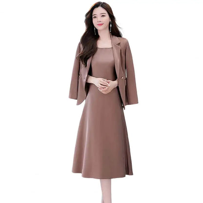 2Pcs/Set Summer Women Suit Dress Outfit Solid Color Mid-length Lady Dress Sets Light Luxury Commute Sling Dress Coat Set Pink