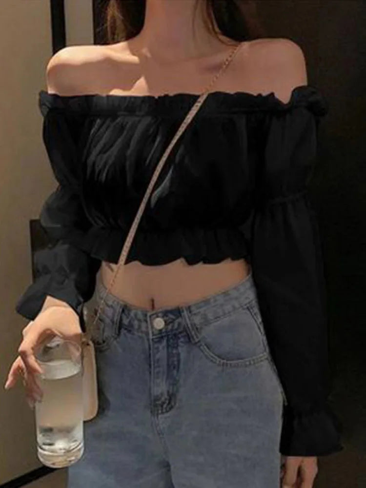 Women Top Sexy Blouse Off Shoulder Top Long Sleeve Solid Color White Shirt Puff Sleeve Ruffle Tunic Crop Top Summer Tube Top black