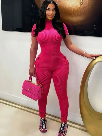 Spring New Women's Jumpsuits Sexy Sweet Pink Hollow Out Jumpsuit Streetwear Fashion Pockets Short Sleeve Female Elegant Rompers Rose Red