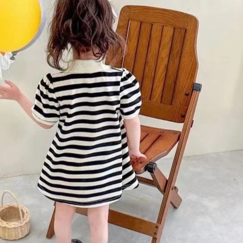 Girls Stripe Bear Polo Dress Summer Short Sleeve Flip Collar Baby Academy Style Trendy Dress Girls Aged 2-10