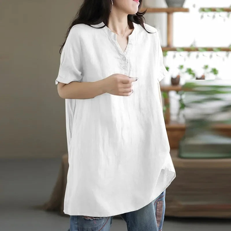 2024 Summer Fashion Cotton and Hemp Women's Shirt Commuting Style Casual Half Open Short Sleeve Casual Shirt Top