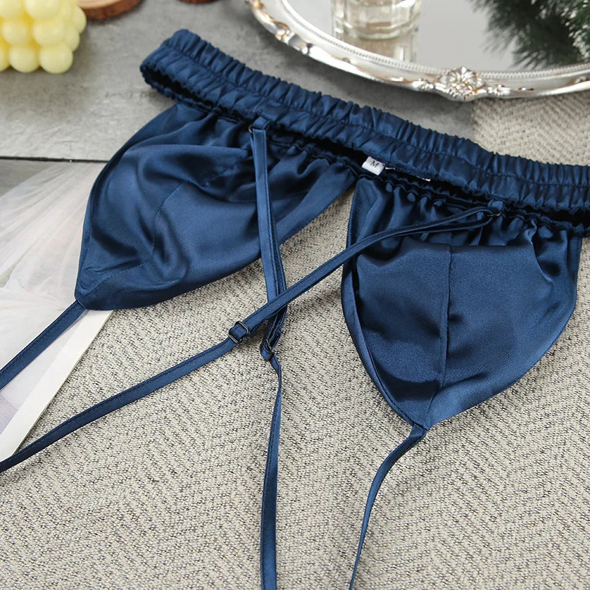 Shorts Nightgown Three-piece Set, Imitation Silk, Loungewear, Feather Pajamas