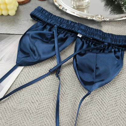 Shorts Nightgown Three-piece Set, Imitation Silk, Loungewear, Feather Pajamas