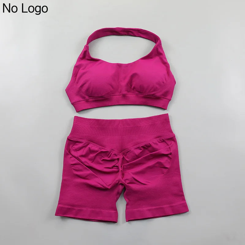 Fitness Shorts Sets Seamless Yoga Set Women 2Pcs Halter Sports Bra Scrunch Butt Gym Shorts Set Workout Clothes Summer Sportswear Badiee Stylez