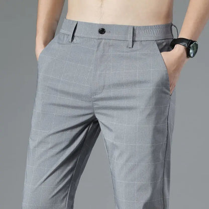 Male Suit Trousers Check Cooling Ice Silk Plaid Straight Up Clothes Offer Slacks Designer Men's Summer Pants Fabric 2024 Classic Gray Suits Pants