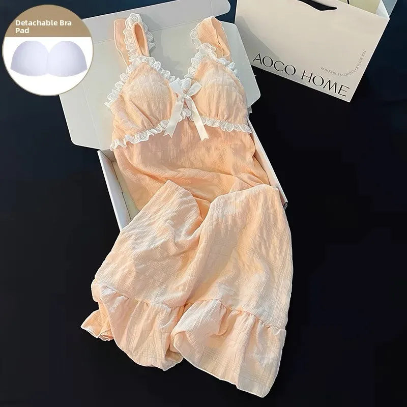 Summer Sexy Strap Spwear Women's ort Pants Loose Fit Home Clothes Set with Chest Pad 2024 New Tread Cotton Thin Woven Pink (skirt) syc-3034