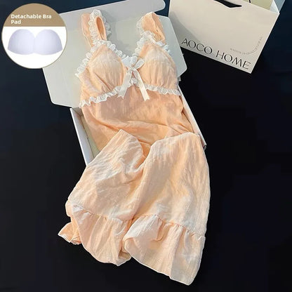 Summer Sexy Strap Spwear Women's ort Pants Loose Fit Home Clothes Set with Chest Pad 2024 New Tread Cotton Thin Woven Pink (skirt) syc-3034