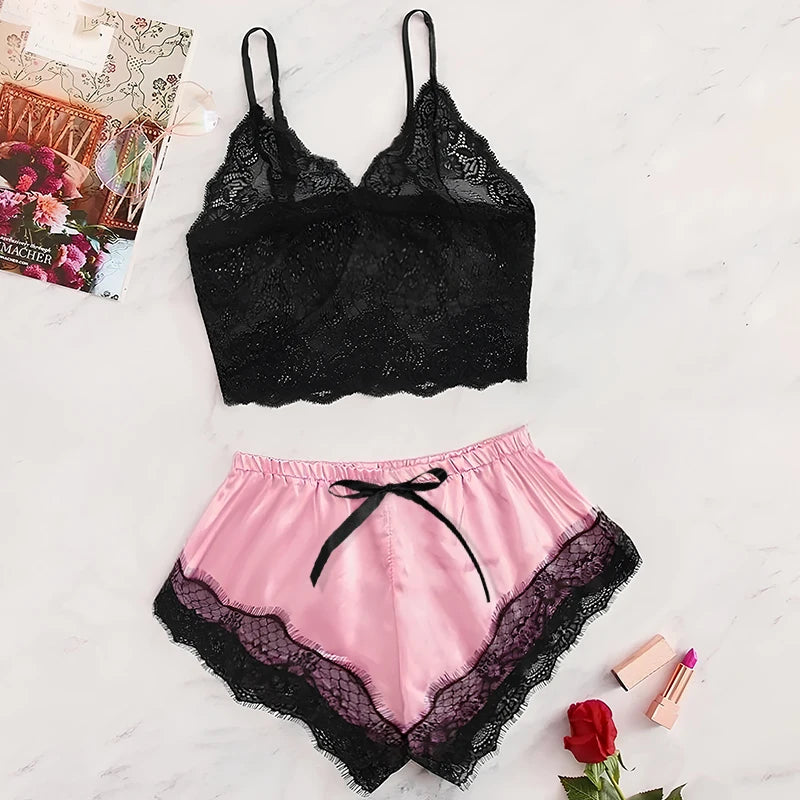 2025 Summer 2 Pcs Women's New Sexy Lace See-Through Pajamas Black Pink Cute Clothes Comfortable Breathable Suspender Shorts Set Pink