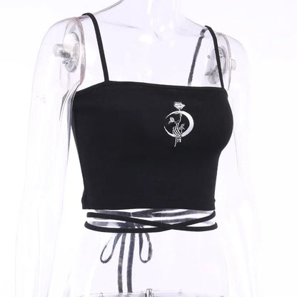Gothic Women's Print Suspender Sleeveless Square Neck Slim Crop Top Sexy Halter Bottoming Shirt Girls Party Wear