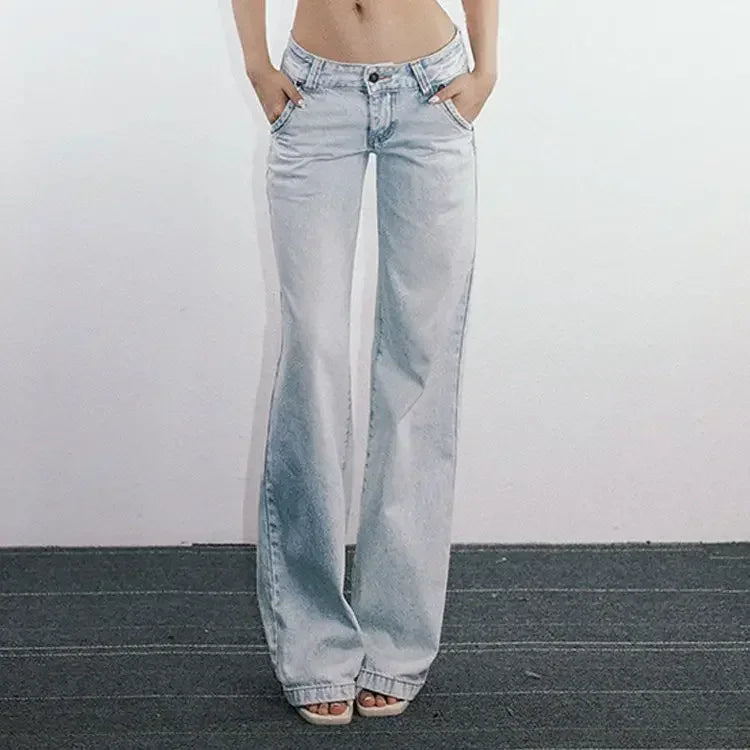 Warenew Light Blue Low Waist Jeans Woman Streetwear American Vintage Denim Pants Female Casual Washed Straight Pantalons Mujer Blue