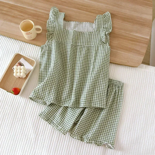 2025 Japanese summer new women's pajamas suit short-sleeved shorts two-piece 100% cotton crepe simple checked thin home clothes