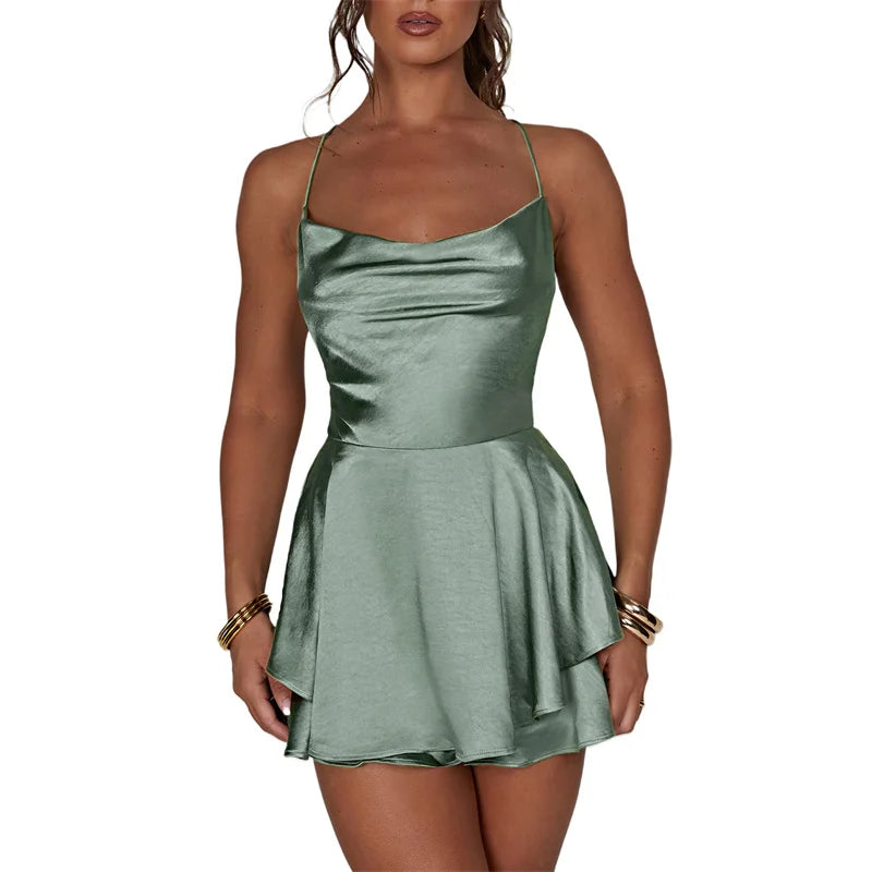 Women Solid Color Cami Playsuits Backless Women Sexy Spaghetti Strap Sleeveless Halter Shorts Jumpsuit Ruffle Romper Clubwear