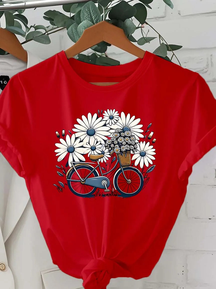 Plus Size Artistic Floral Bicycle Graphic Minimalist Design Elegant Fashion Tee Red