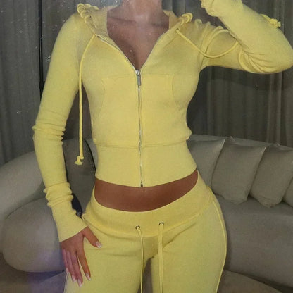 Patchwork 2 Piece Set Tracksuit Women Zip Wide Waist Crop Hooded Pocket Jacket + Sporty Pants Matching Casual Basic Suit