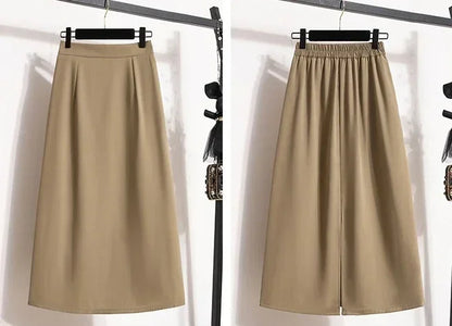 2025 Summer Female Fashionable Versatile Solid Skirts High Waisted Mid Length A-line Plus Size Skirt Split Wrap Body Skirt