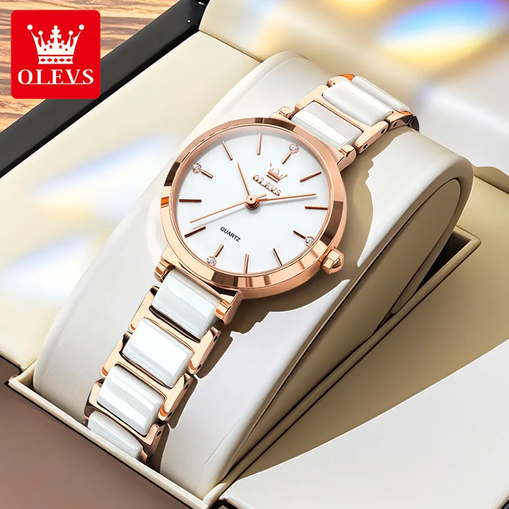 OLEVS 5877 Japan Quartz Movement Woman Watch Simple Elegant Luxury Rose Gold Ceramics Strap Waterproof Ladies Dress Wristwatch Rose White CHINA