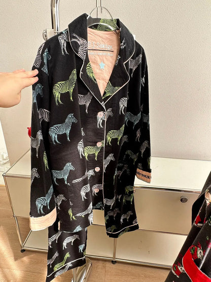 Women's Winter Pyjama Suit Print Long Sleeve Turn Down Collar Female Clothes 100% Cotton Single Breasted Sleepwear for Female