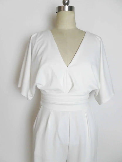 Jump Suits for Women V-neck Five-point Sleeve Wide-leg Pants Solid Color White Jumpsuits for Women Elegance Pants One Pieces new Badiee Stylez