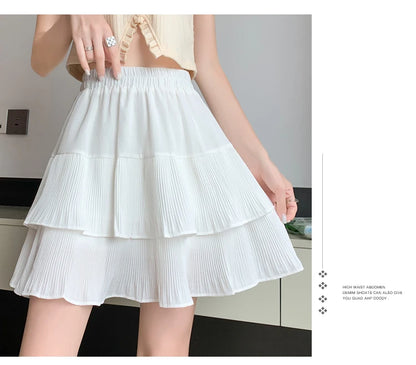 Casual Summer Ball Gown Pleated Skirts Women 2024 Korean Fashion Clothing Faldas Largas High Waist Black White A Line Mini Skirt