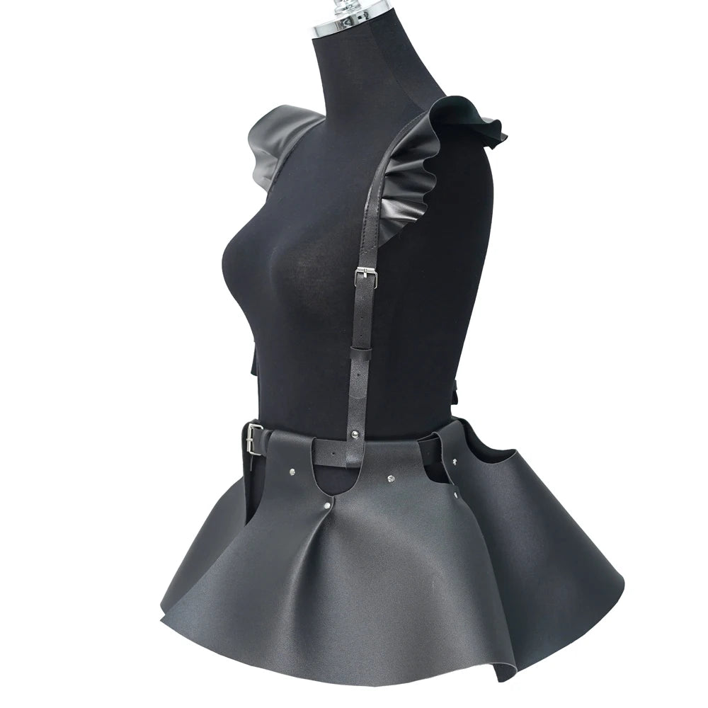 Women's Fashion Leather Body Harness Belt Skirt With Ruffle Hem Gothic Style Waist &Shoulder Belt Clothing Accessory